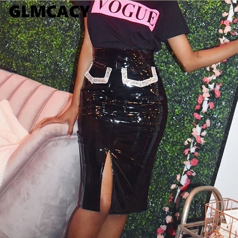 

Women Diamonds Detail Mini Skirts Autumn Winter Fashion PU Sexy Leather SKirt Jupe Femme Sexy Slit Bottoms Skirt Y200326, Black