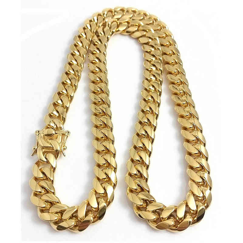 Stainls Steel Jewelry 18K Gold Plated High Polished Miami Cuban Link Necklace Men Punk 15mm Curb Chain Double Safety Clasp 18inch-30inch-image-760479420