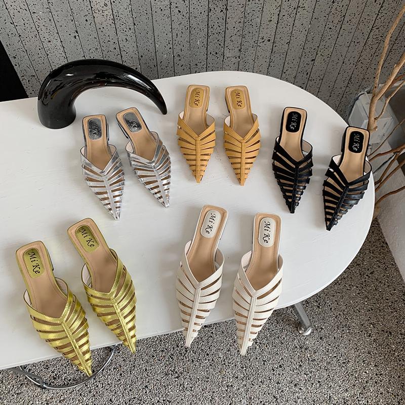 

Slippers Pointed Toe Women Hollow Narrow Band Flat Low Heels 2022 Arrivals Silver/Beige/Gold/Black/Yellow Summer OutsideSlippers