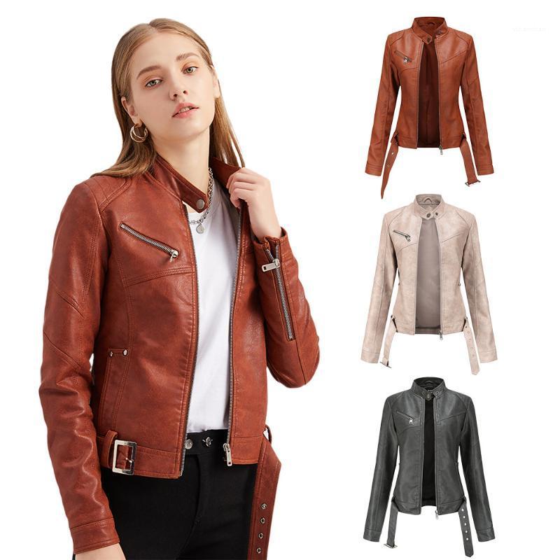

Women's Leather & Faux 2022 Spring Autumn Women Fashion Jacket Solid Zipper With Belt Moto Biker Coat Female Casual Outwear Ladies, Red