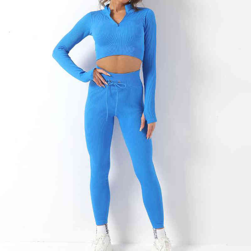 

Women Sport Outfit Solid Color Overalls Seamless Tight Long-sleeved Drawstring High Waist Hip-lifting Pants Casual Yoga Suit T220725, Blue set