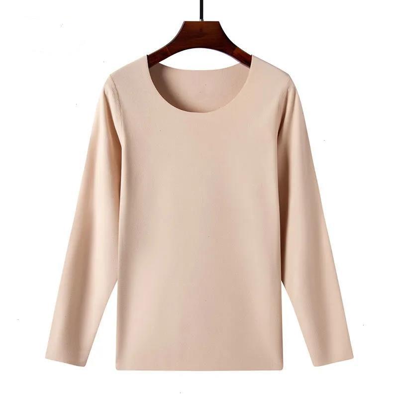 

De Velvet Constant Temperature Thermal Underwear Womens Autumn Clothing Fleece Bottoming Shirt, Beige