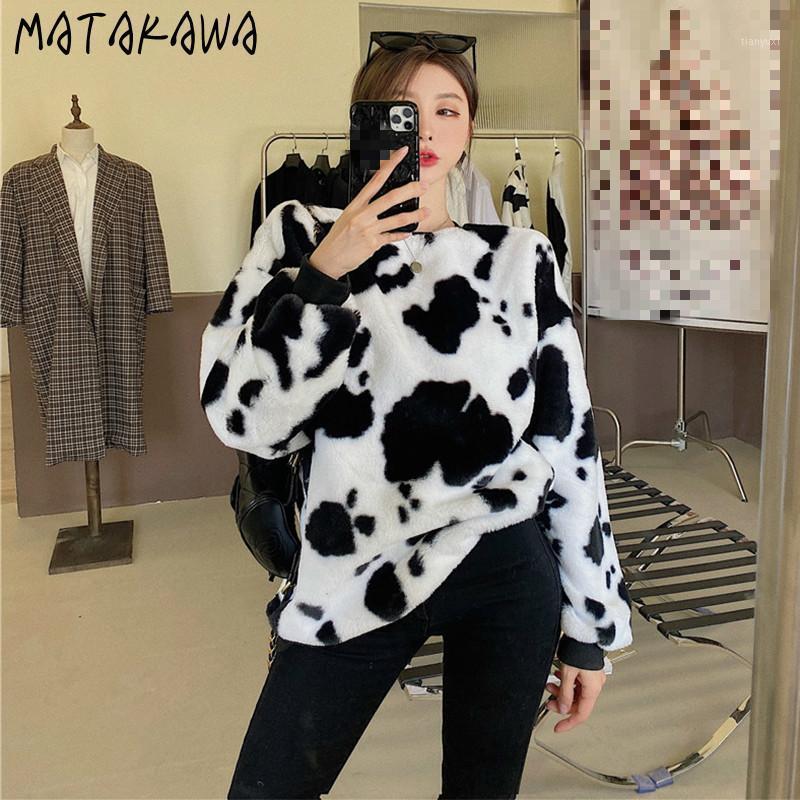 

Cow Pattern Women's Sweatshirt Loose Korean Autumn And Winter Hoodies Women Plush Thickened Long Sleeve Top & Sweatshirts, Black