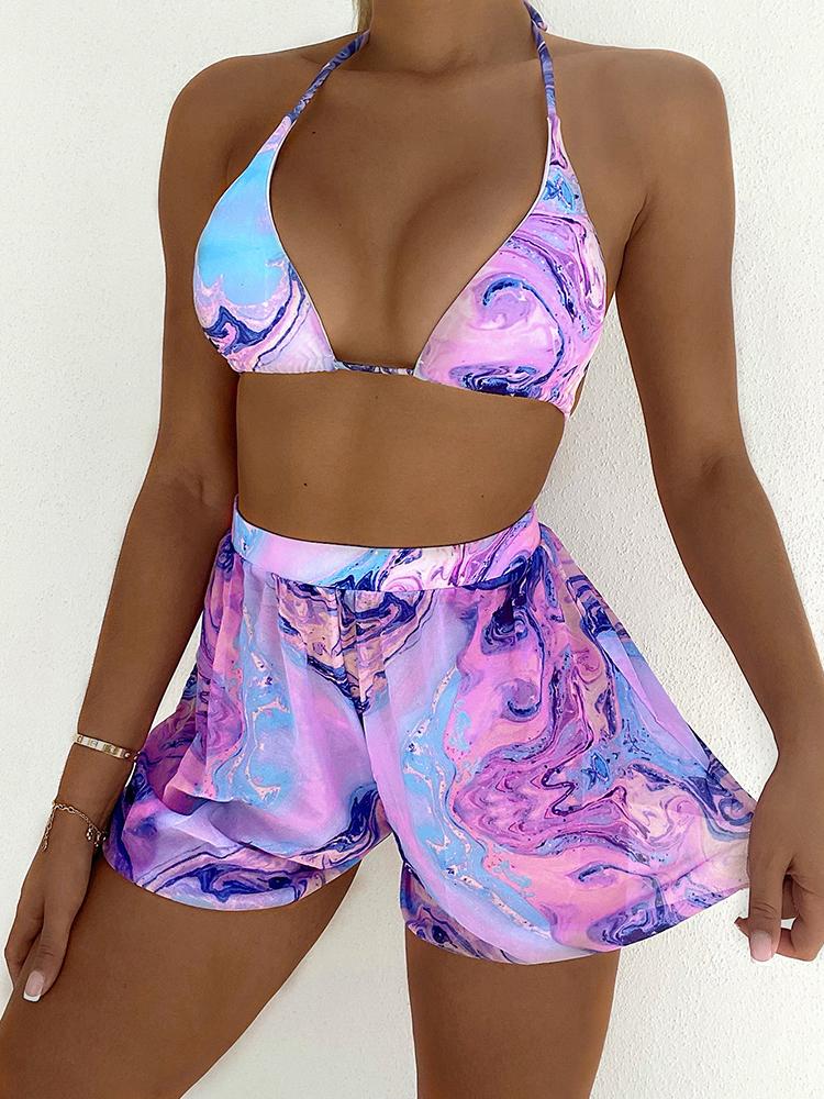 

Women' Swimwear 2022 Sexy Print Three Pieces Bikini Set With Beach Pants Women Swimsuit Female Brazilian Bather Bathing Suit, Pink