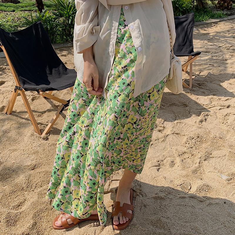 

Green Floral Print Chiffon Vintage Midi Skirts Women's Summer 2022 High Waist A-line Skirt Beach Holiday Long, Blue