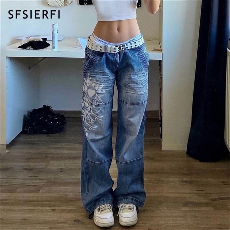 SFSIERFI Streetwear gothique jean femmes Y2K imprimer taille basse jean pantalon pantalon en denim décontracté coréen été droit Baggy jean 220701