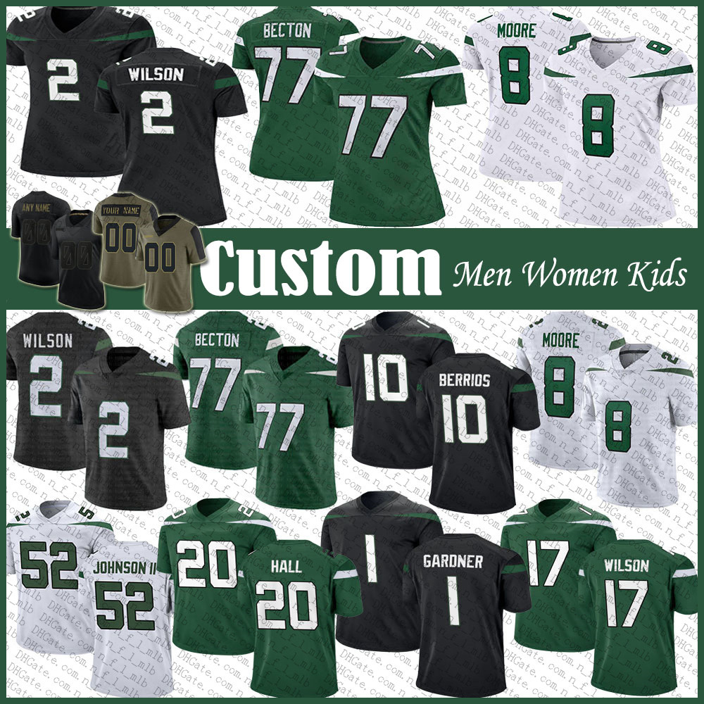 

Ahmad Sauce Gardner Zach Garrett Wilson Custom Football Jersey Elijah Moore Breece Hall Mekhi Becton Braxton Berrios Jermaine Johnson II Quinnen Williams C.J. Mosley, Shown