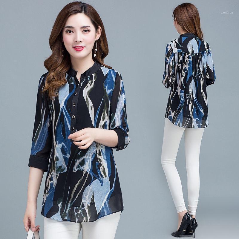 

Summer Casual Women 4xl 5xl Loose Print 3/4 Sleeve Floral Top Chiffon Blouse , Womens Green Blue Flower Pattern Blouses Shirts Women's &