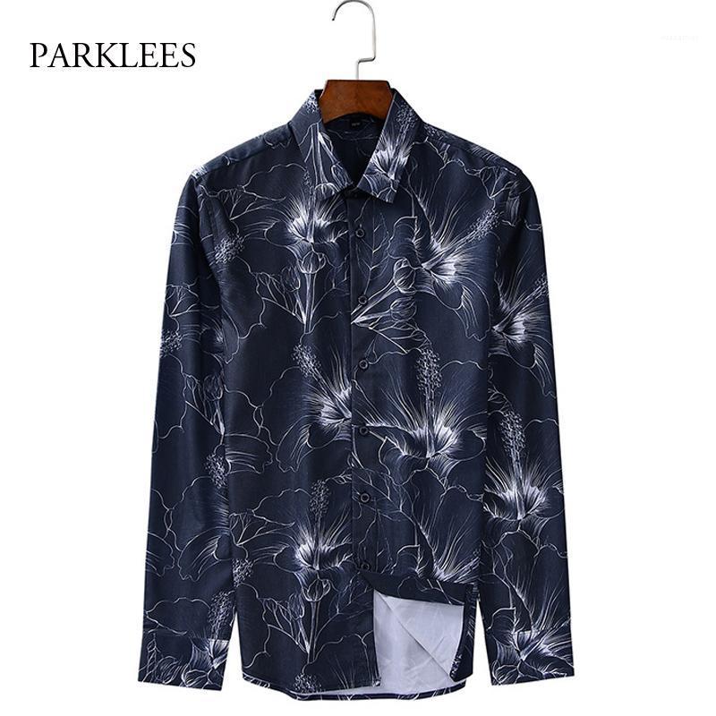 

Floral Print Long Sleeve Men Shirts Casual Flower Slim Fit Mens Shirt Soft Work Business Brand Chemise Homme Camisas Wedding Men's, Blue