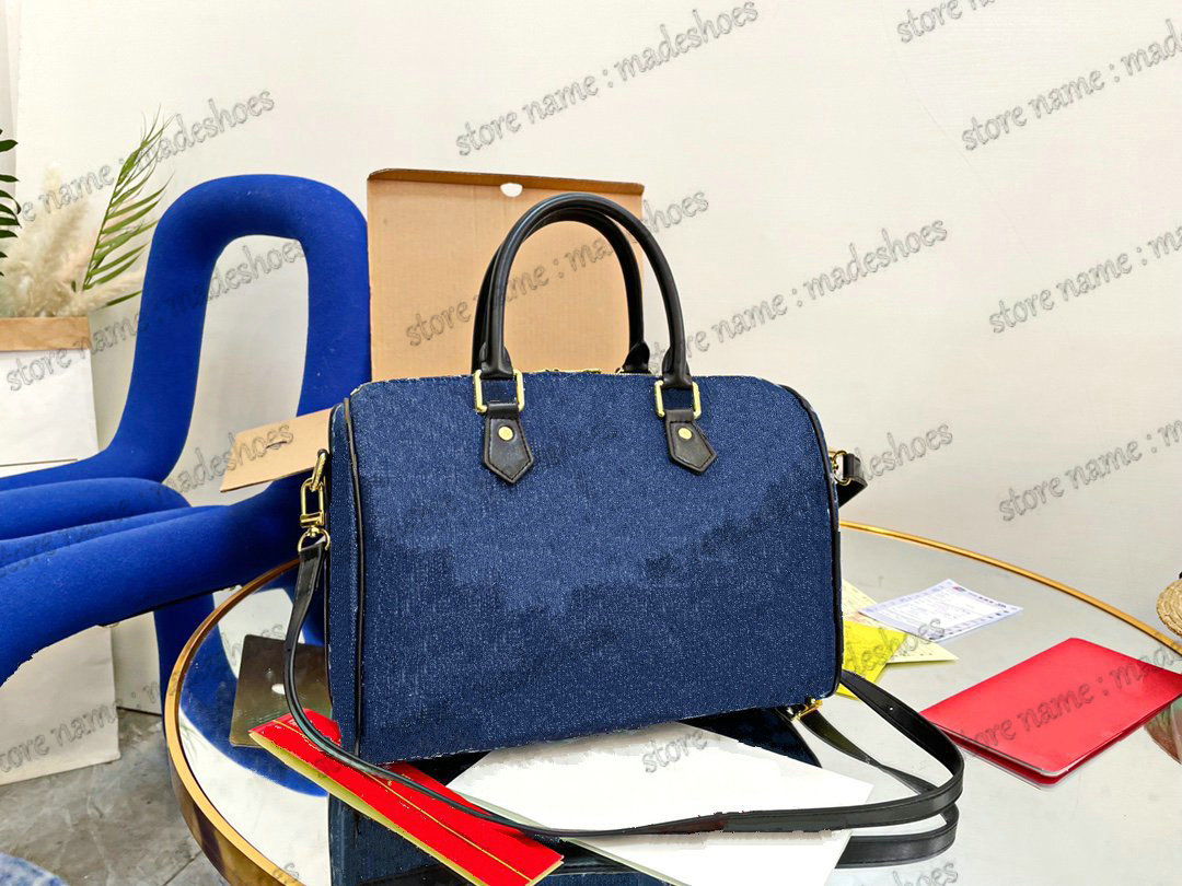 

SPEEDY Bandouliere 30cm Shoulder Bag Navy Blue Denim Jacquard Handbag With Padlock Womens Designer Luxury Faded blue Fabric CrossBody Double zip Purse