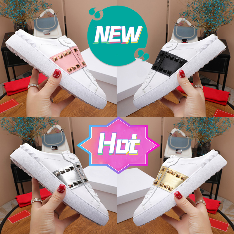 

Fashion Open back studs untitled slide mule sneaker Casual Shoes men women Designer white gold silver band metallic silver pink Newest womens Sneakers Trainers, Shoes box