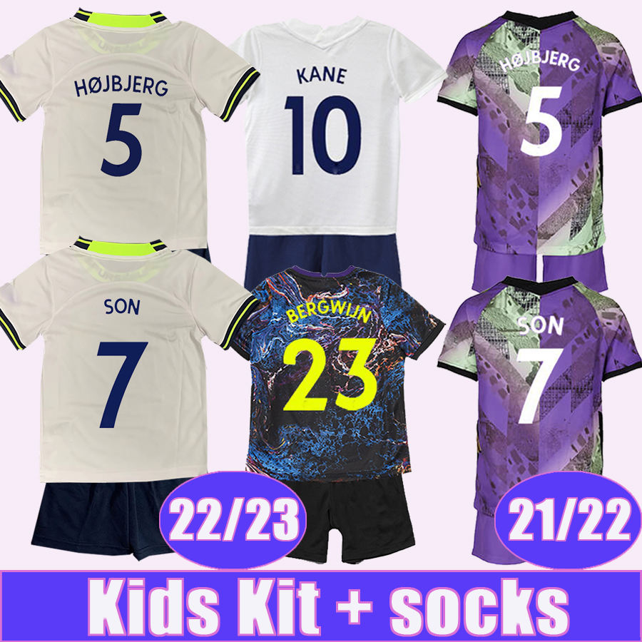 

2021 2022 KANE DELE LUCAS Kid Kit Soccer Jerseys DAVIES BERGWIJN LO CELSO SON Home White Away Marbling 3rd Child Football Shirt Boy Uniforms, Tz9528 22 23 home no socks