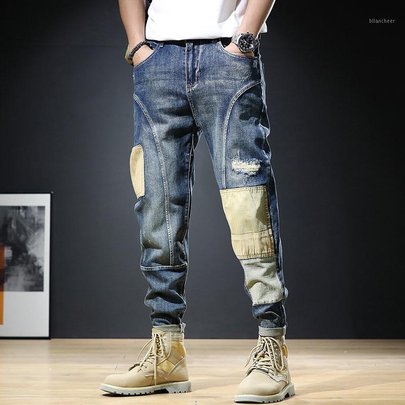 

Men's Jeans Men Baggy Streetwear Pants Summer Vaqueros Clothing Hip Hop Fashion Patchwork Ripped Jean Straight Leg Blue Denim Trousers