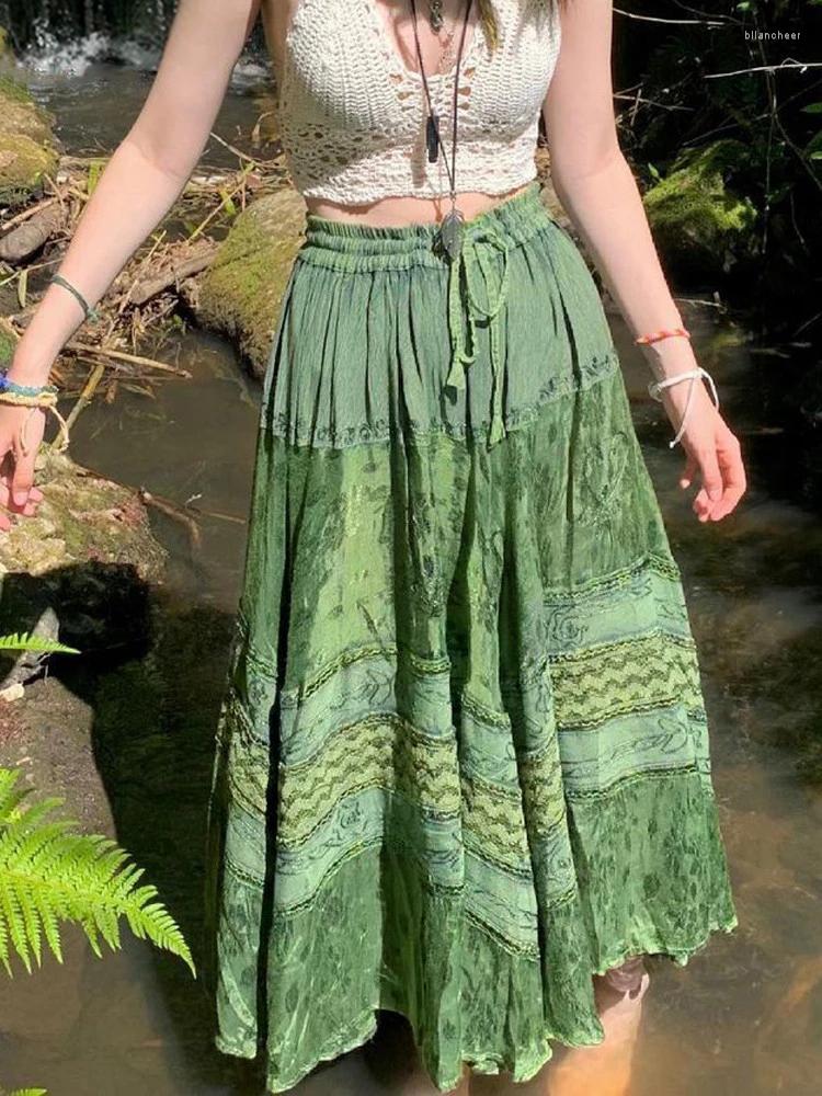 

Skirts Vintage Green Long Skirt For Women Aesthetic Graphic Print Hight Waist Bohemian Fairy Grunge Streetwear Ladies ClothesSkirts