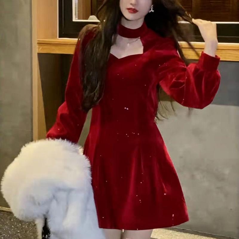 

Casual Dresses Christmas Party Mini Dress Women French Solid Sequin Elegant Female Korean Fashion Hollow-out Retro Winter 2022, Black
