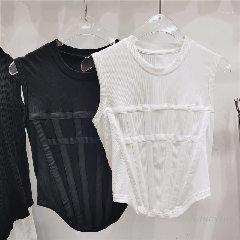 

Sexy Sleeveless Shirt Women 2022 Simple All-Match Round Neck T-shirts Waist Buttons Slim Fit Tight Basic Tops White Black Women' T-Shirt