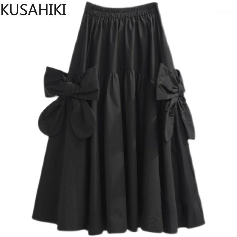 

Skirts KUSAHIKI Spring Sweet Bowknot Causal A-line Mid-calf Women Skirt 2022 Stretch High Waist Faldas Mujer Moda 6F937, Black