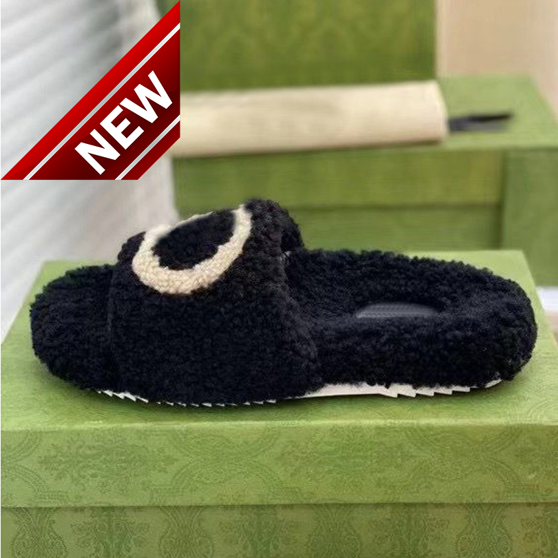 

high quality winter Men Cartoon slippers fashion Lazy black white letter women designer shoes sexy platform Lady 100% keep warm wool flops