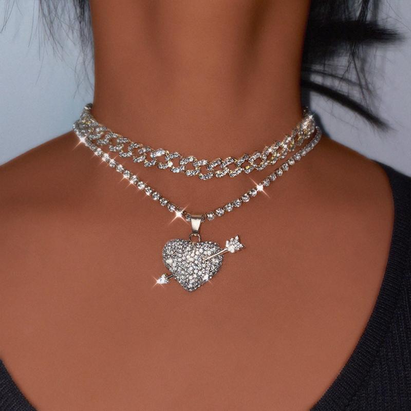 

Chains Bling Crystal Heart Pendant Tennis Chain Necklace For Women Gold Silver Color Double Layer Cuban Choker JewelryChains