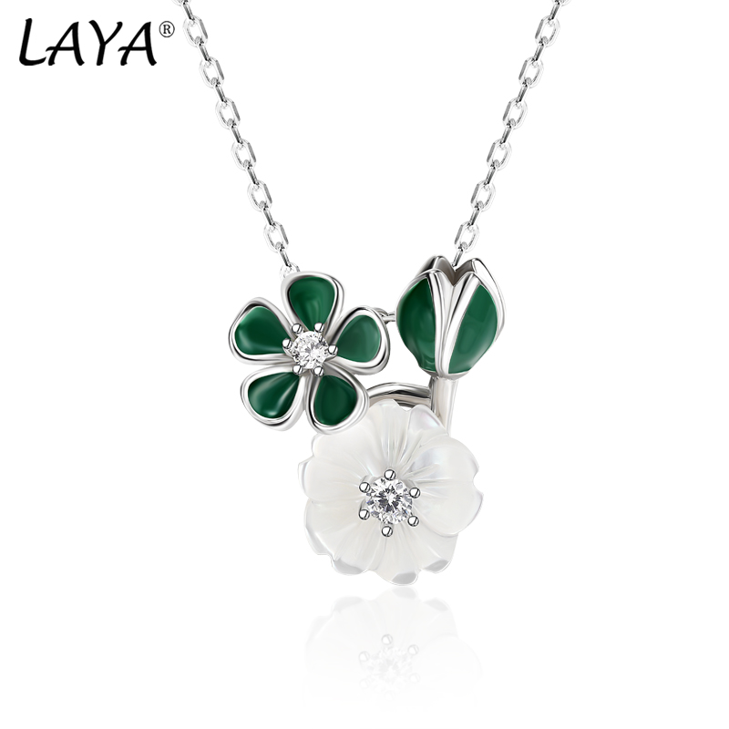 

LAYA Pendant Necklace For Women 925 Sterling Silver High Quality Zircon Natural Shell Flower Green Leaf Enamel Trendy Original Modern Jewelry