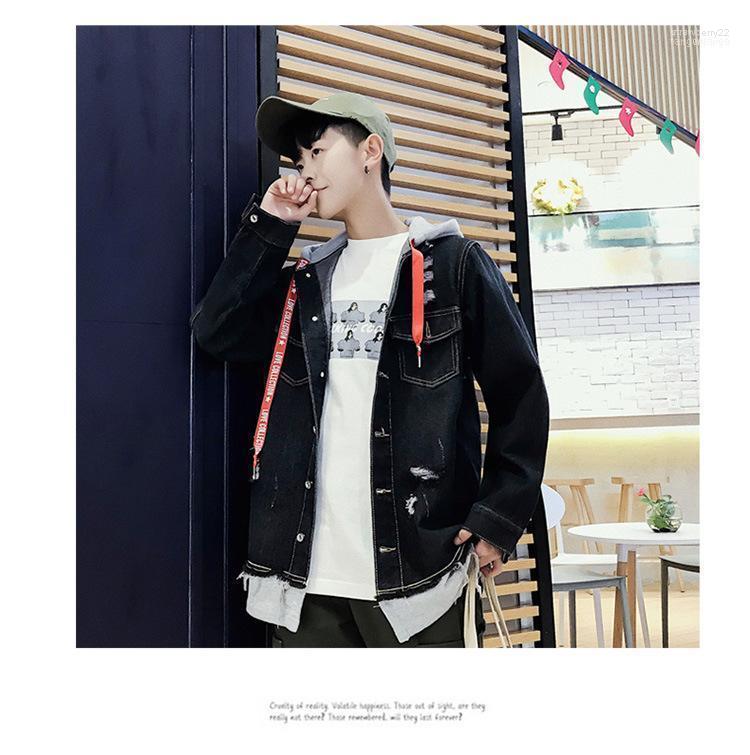 

Men's Vests Spring And Autumn Costume Two Hooded Jeans Korean Version Youth Loose Hole Jacket1 Stra22, Black
