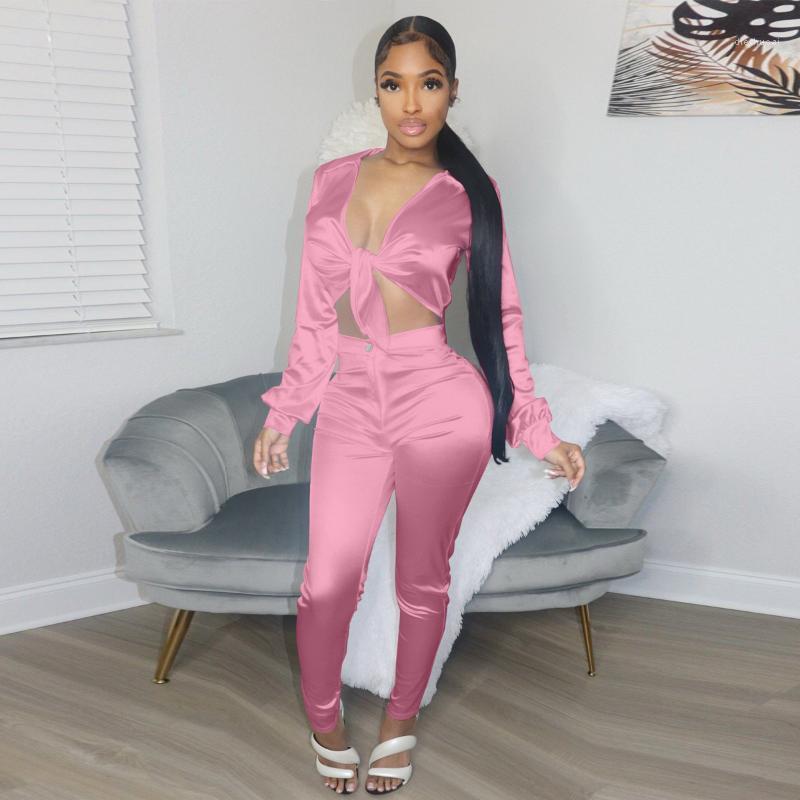 

Women' Two Piece Pants Felyn 2022 High Quality Design 2 Pcs Women Set Solid Bandage Short T-shirt Long Sexy Club Outfits, Pink