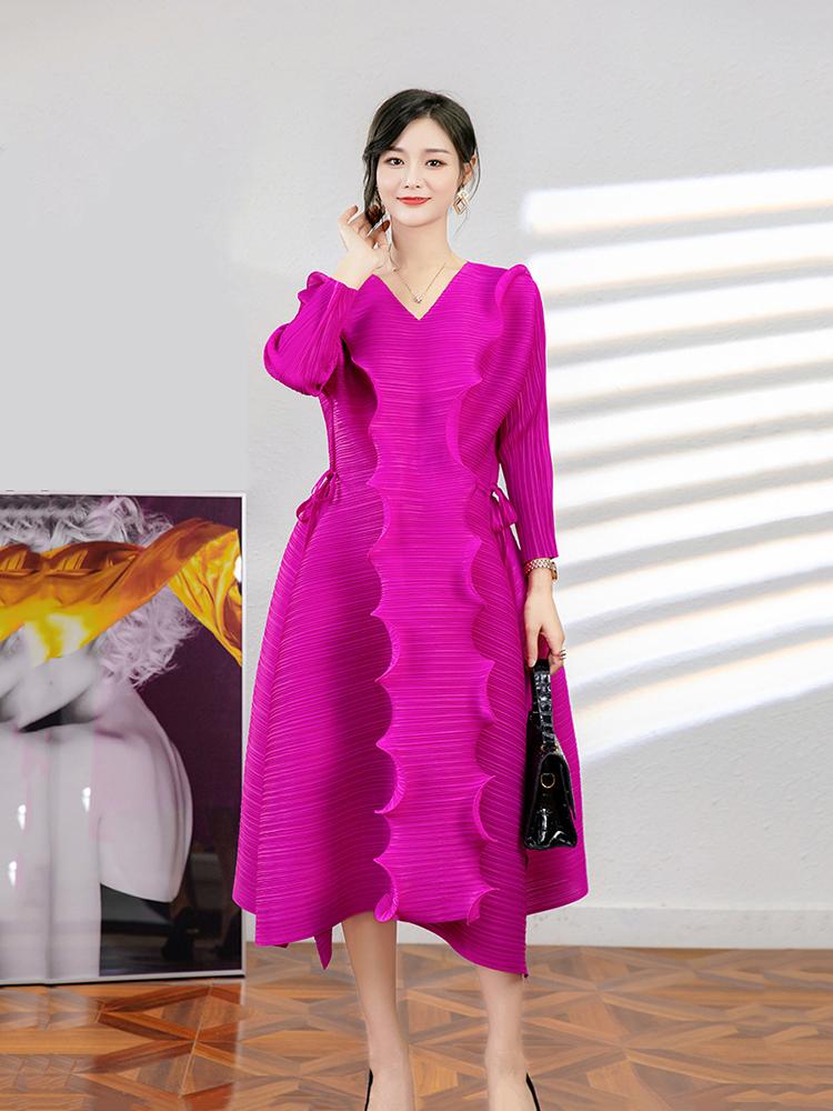 

Casual Dresses Women Pleated Midi Dress V Neck Wave Folds High Waist Drawstring Style Elegant 2022 Summer Fashion Autumn ClothCasual, Blue