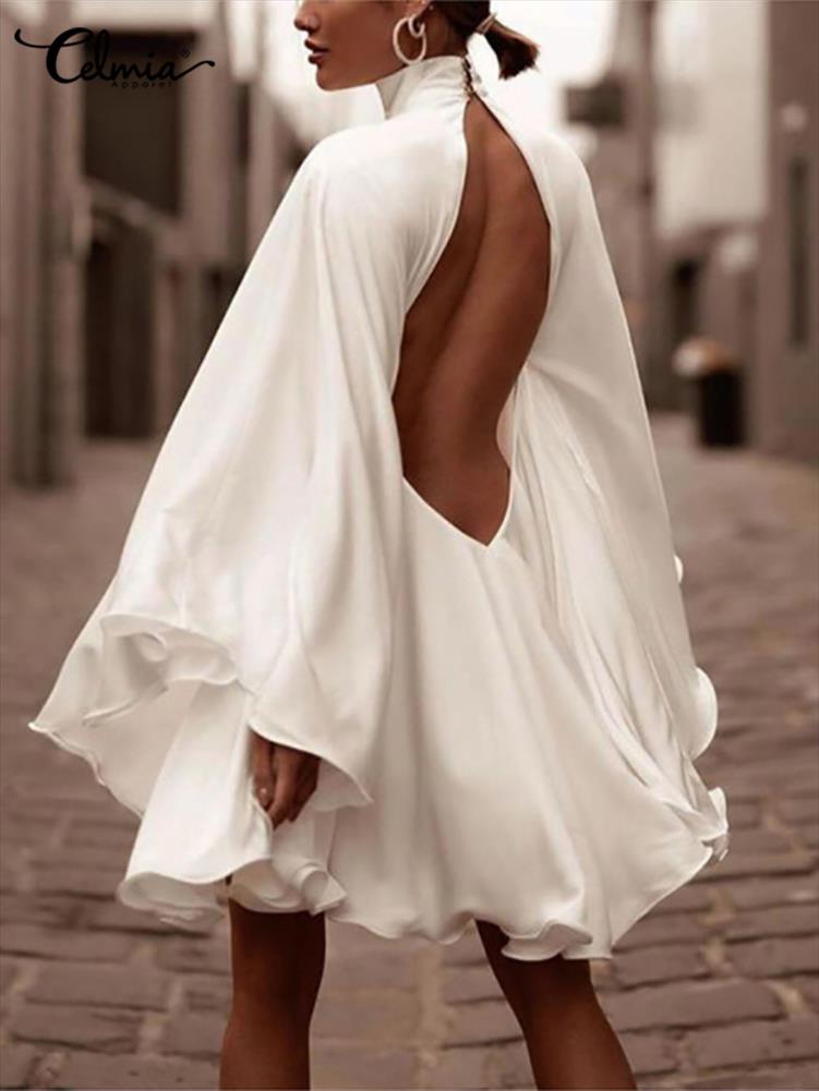 Women Dresses Fashion Satin Flare Sleeve Stand Collar Party Sexy Backless Robes Chic Evening Short Vestidos