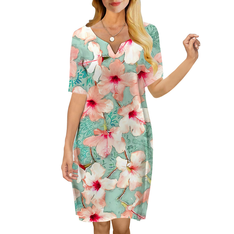 

Women Dress Pink Flowers 3D Printed VNeck Loose Casual Short Sleeve Shift Dress for Female Dresses 220616, Short sleeve dress-1