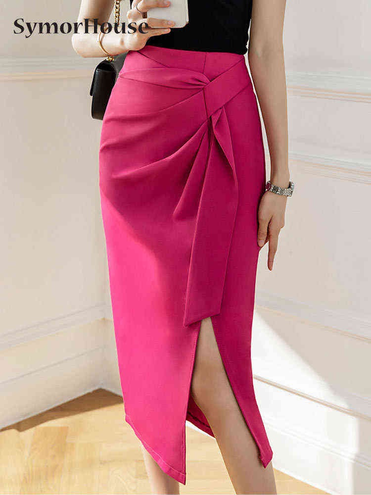 

2022 Summer Korean Knee-length Folds Skirt Women Slim Sexy High Waist Lace-up Pencil Black Skirts Workwear Casual OL Faldas T220819, Rose red