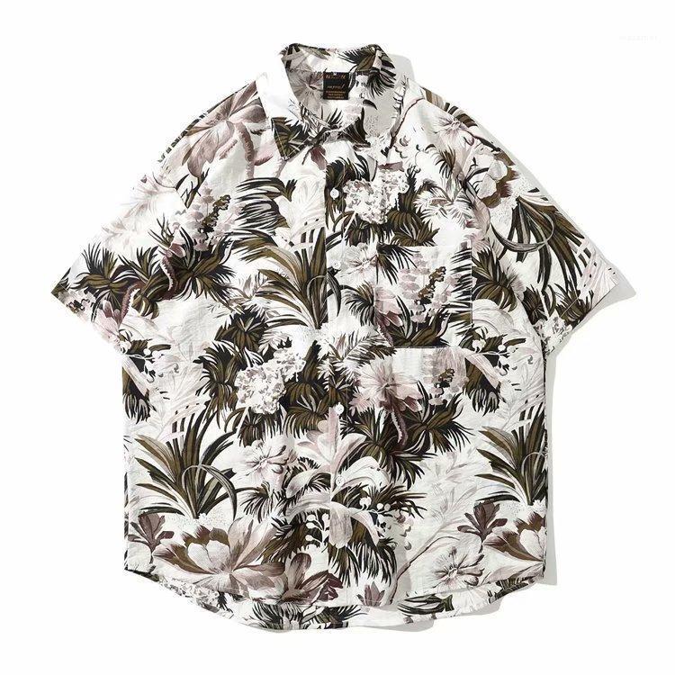 

Summer Hawaiian Vintage Print Flower Shirt Men Women Retro Trend Casual Loose Beach Travel Cotton Short-sleeved Men's Shirts, White