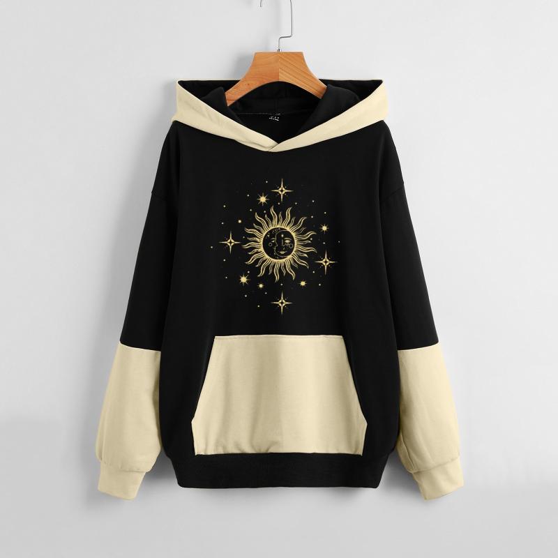 

Women' Hoodies & Sweatshirts Spring Women Fashion Sun Printed Tops Long Sleeve Drop Shoulder Colorblock Hoodie Sudaderas Con CapuchaWomen, Brown