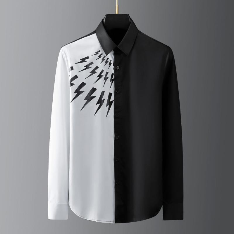 

Men's Casual Shirts Black White Patchwork Shirt Men Long Sleeve High Quality Cotton Streetwear Dress Social Chemise HommeMen's