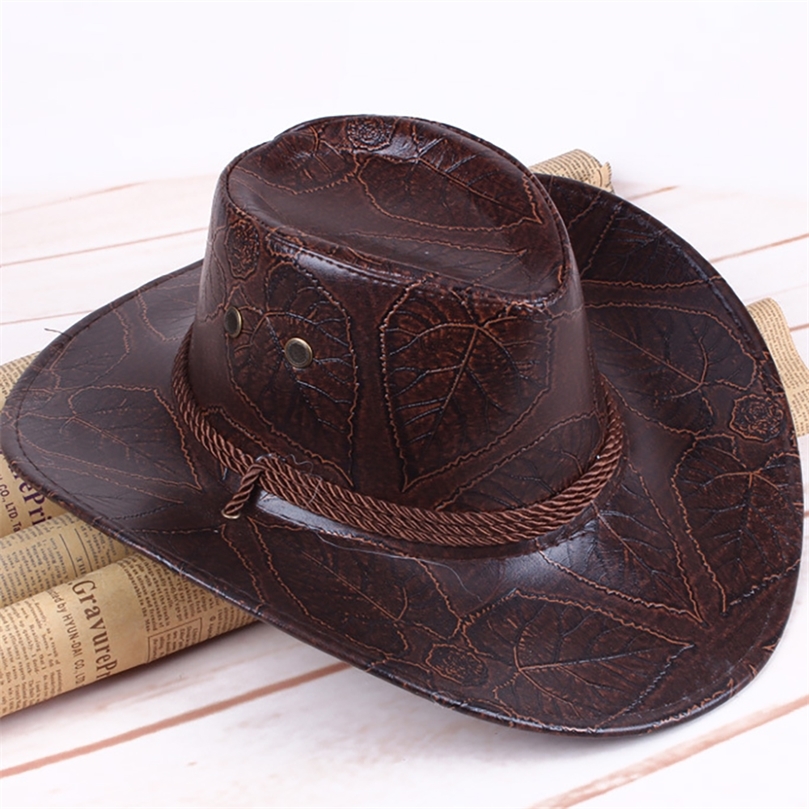 Chapeau de Cowboy en cuir à large bord feutre haut hommes chapeau dôme bord seau chapeaux homme pour hommes femmes Fedoras Swanowing 220725