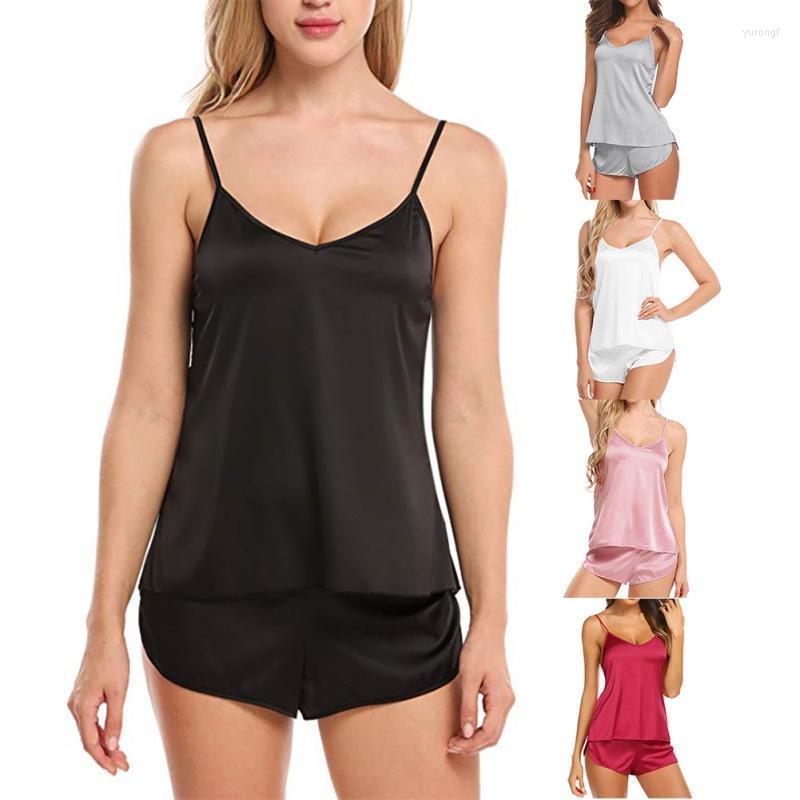 

Bras Sets 2PC/Set Ladies Sexy V-neck Pyjamas Women Pijama Mujer Camisole Sleeveless Solid Color Pajama Set Sleepwear Lingerie, Pink