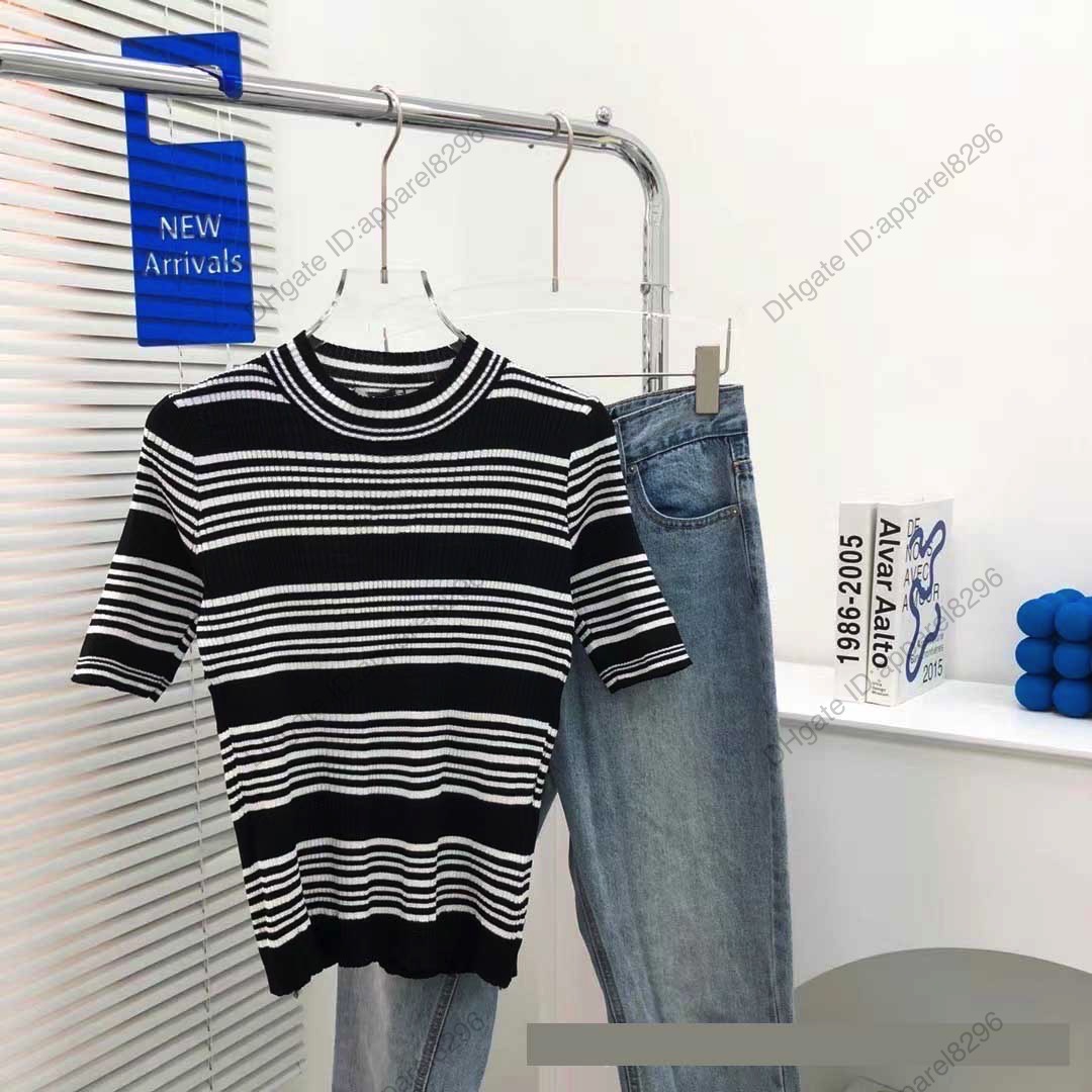 

2022 Summer Womens Clothing Tops Tees Summer Embroidered Striped Knit Short Sleeve Casual Letter Slim Top Women' Ladies Knits luxury designer t shirts cotton
