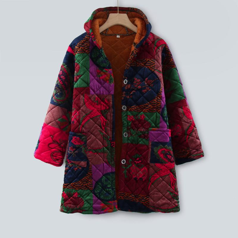 

Women's Jackets Women Pullover Fleece Ladies Autumn And Winter Coats Jacket Long-Sleeved Retro Floral Print Padded Cotton Warm TopWomen's, Black