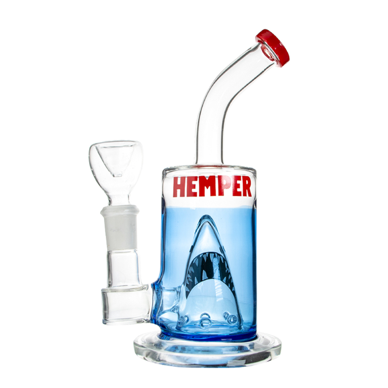 

3.5 inches jar base hookah 7 inches jaws inspired glass bong with larg shark percolator and black eyes to mouth decal