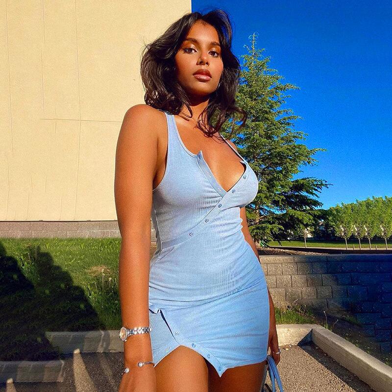 

Summer Women Solid Sleeveless Buttons Patchwork Mini Dress pullover V Neck Slit Bodycon Sexy Streetwear, 01