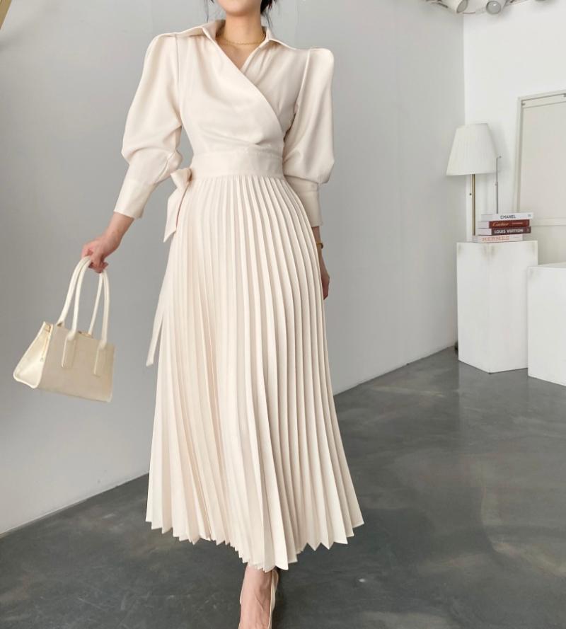 

Casual Dresses Korean Vintage Elegant Temperament Pleated Dress Autumn Woman V-Neck Long Sleeve Office Lady Lace Up VestidosCasual, Photo color