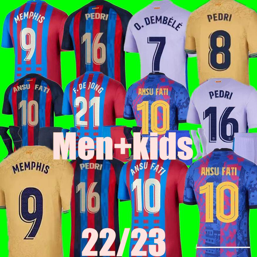 

21 22 23 ANSU FATI Camisetas de football soccer jersey MEMPHIS Barcelona PEDRI Kun Aguero 2021 2022 2023 F.DE JONG Barca DEST kit shirts adult men kids kits sets third, 22/23 kids home+league patch