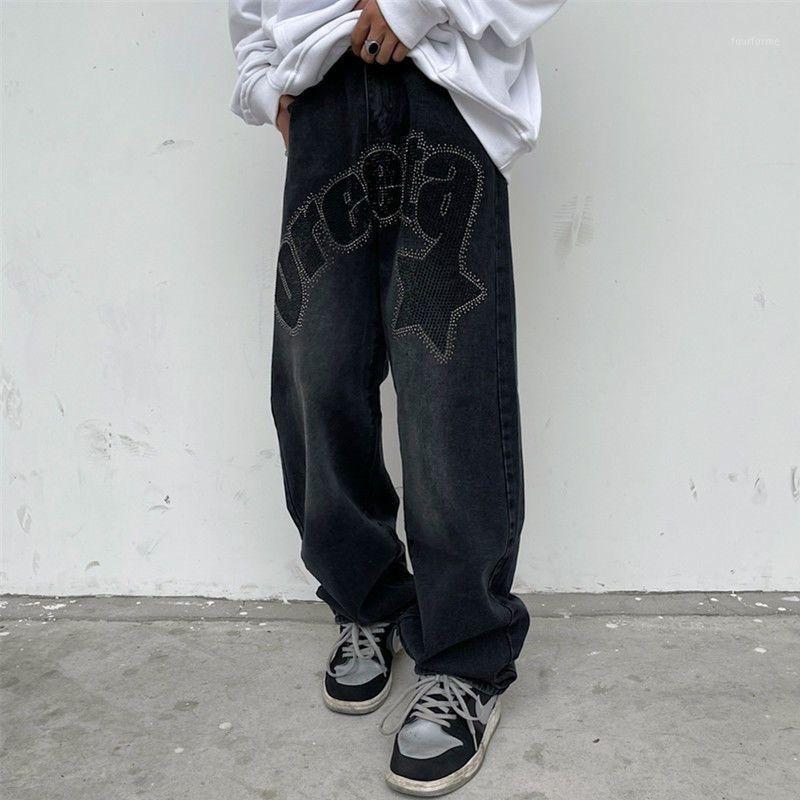 

Men' Jeans American Vintage Men Letter Printed Straight Trousers Autumn Fashion High Street Loose Bf Style Wide-leg Pants Trend, Black
