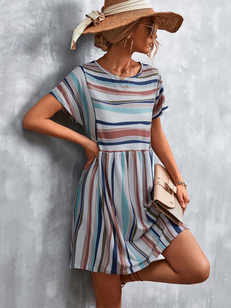 

Casual Dresses Summer Striped Dress Women High Waist Loose Party Ladies A Line Mini Short For WomenCasual, Blue