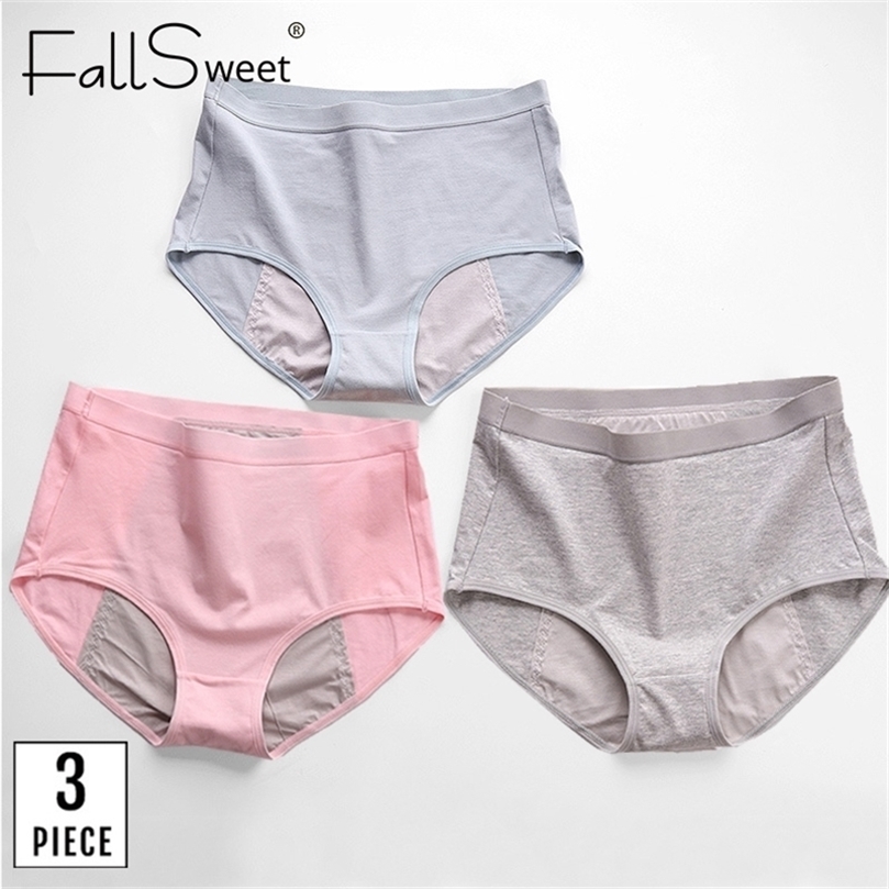 

FallSweet 3 pcs/pack Plus Size Period Panties LeakProof Menstrual Underwear Women Cotton Physiological Briefs High Waist Panty LJ201225, Bluegraypink