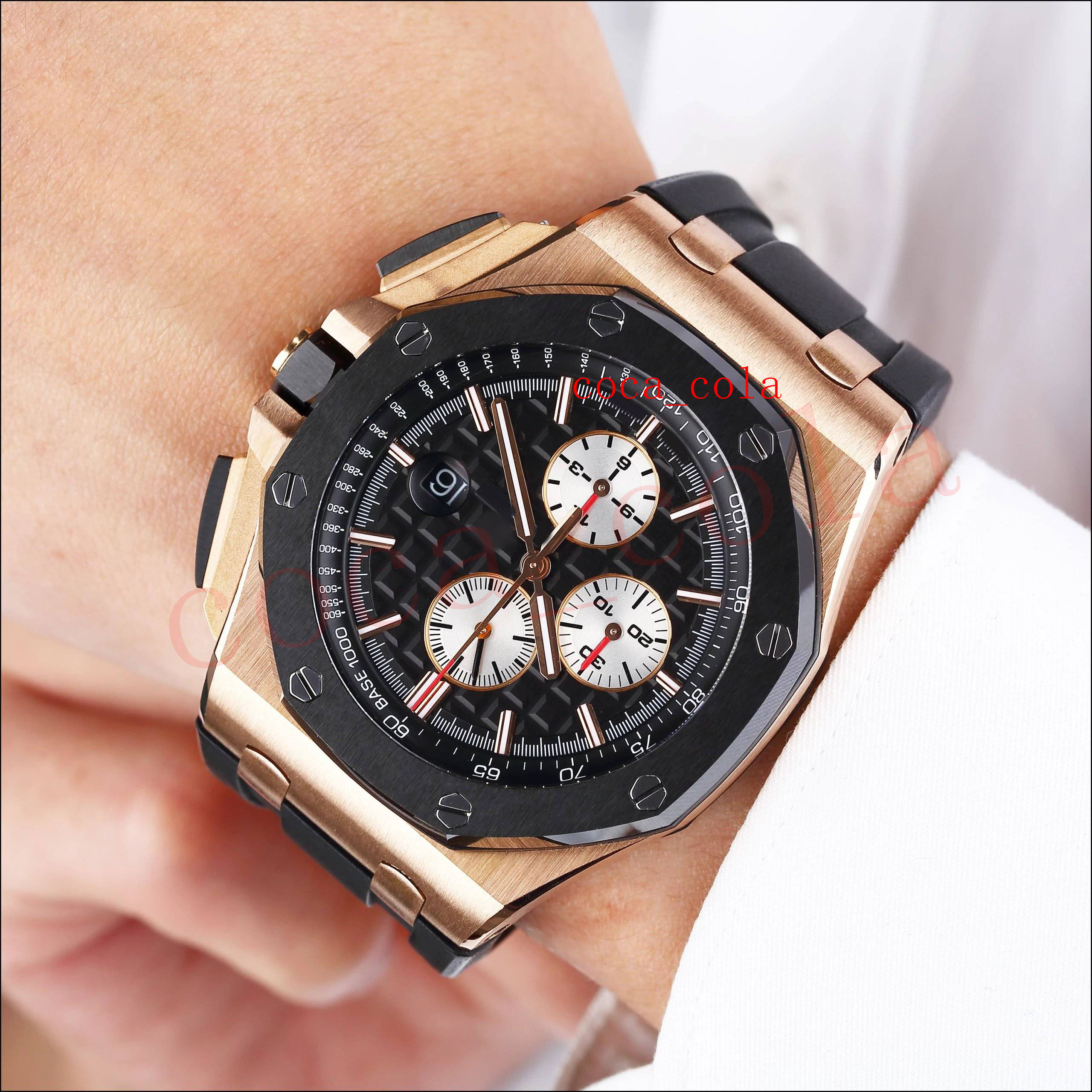 

44mm watch Rose gold black ceramic Quartz chronography work Rubber men's Watch