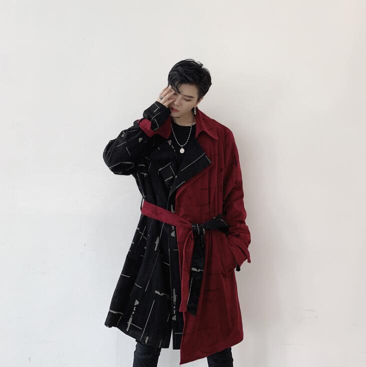

Men's Trench Coats Mens Man Long Coat Men Middle Length Clothes Autumn And Winter Corduroy Overcoat Sleeve Splicing ContrastMen's, Black