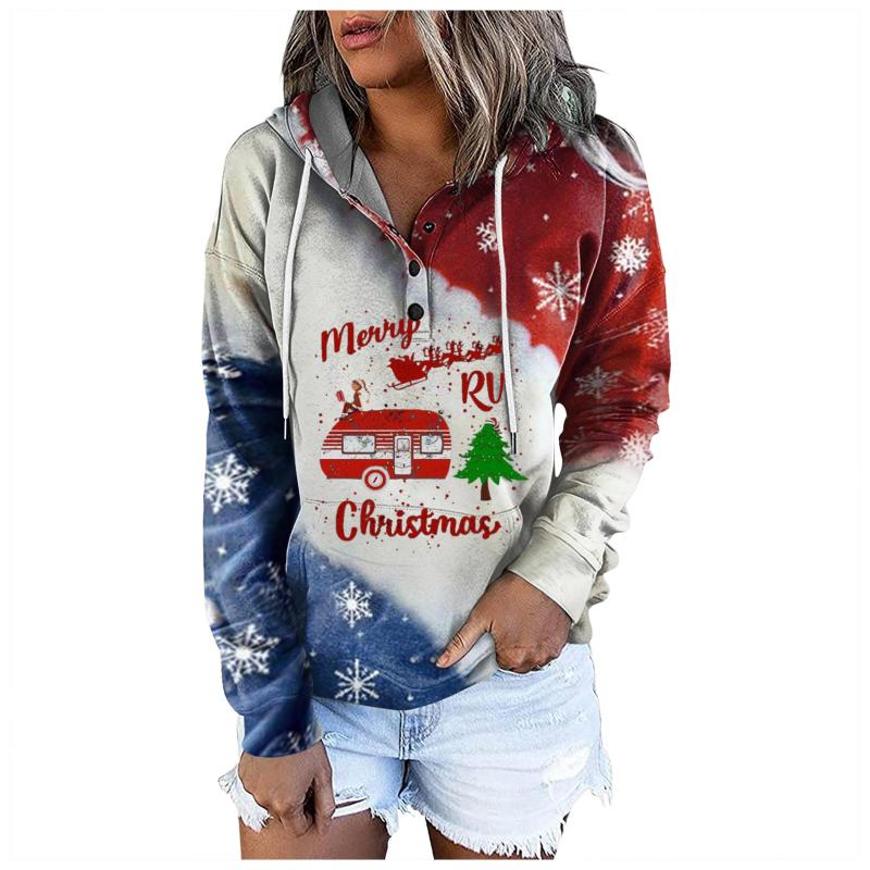 

Women' Hoodies & Sweatshirts Long Women Christmas Crewneck Winter Button Print Long-Sleeved Hoodie Blouse Pullover Crop Fleece PulloverWome, Grey