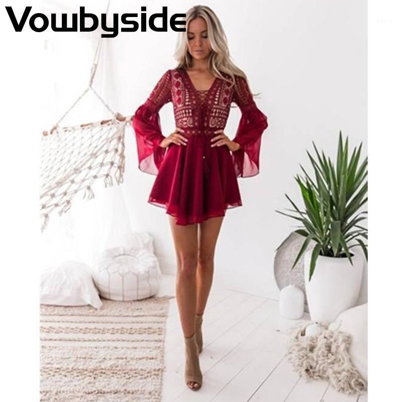 

Casual Dresses Solid Color Hollow Sexy Fashion Spring And Autumn Women's Dress Long Sleeve V-neck Slim Chiffon, Black