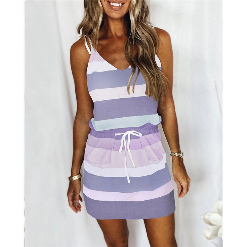 

Casual Dresses Women Striped Dress Sleeveless V-neck Drawstring Pocket Suspender Summer Beach Mini Sundress VestidosCasual, Black