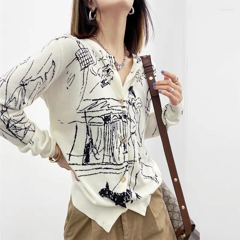 

Women' Knits & Tees Spring And Autumn Women' Wool Knitted Jacket Round Neck Thin Section Graffiti Worsted Loose Fashion Cardigan Sweat, As pic